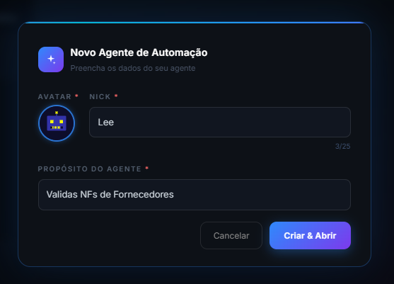 Tela de criação de agente com Avatar, Nick e Propósito