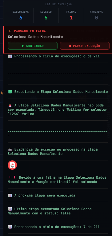 Banner Pausado em falha com botões Continuar e Parar execução