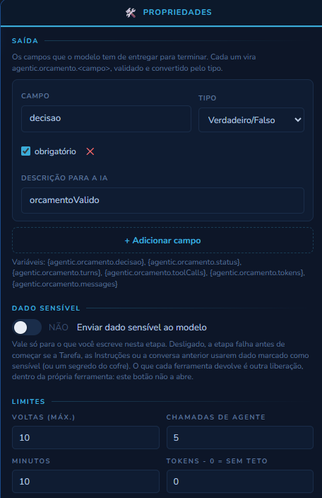Seções Saída, Dado sensível e Limites do painel: o campo decisao do tipo Verdadeiro/Falso, obrigatório, com a Descrição para a IA; + Adicionar campo; a lista das variáveis agentic.orcamento; Enviar dado sensível ao modelo desligado; Limites com Voltas 10, Chamadas de agente 5, Minutos 10 e Tokens 0