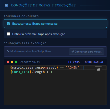 Modo manual da condição de execução, com JavaScript livre