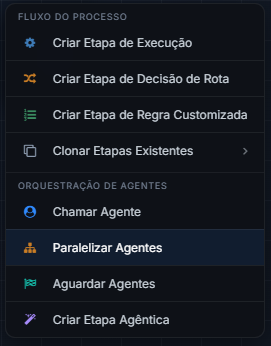 Menu do + do fluxo com Paralelizar Agentes em destaque no grupo Orquestração de Agentes