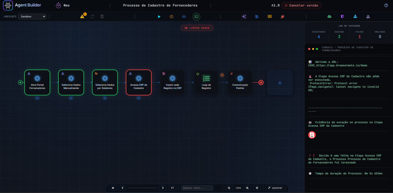 Canvas durante uma execução de debug