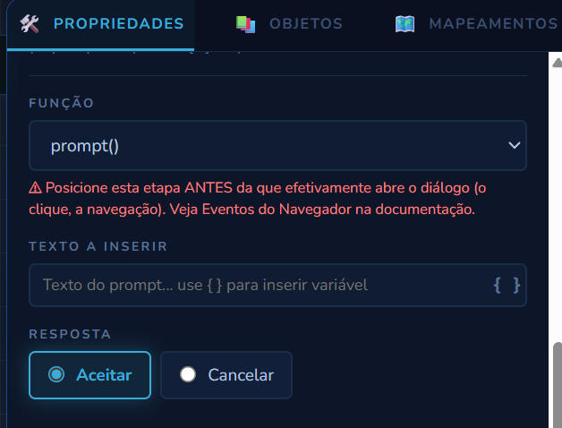 Campo Função com prompt() selecionado, mostrando Texto a Inserir e o campo Resposta