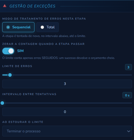 Painel Gestão de Erros e Exceções da etapa em modo Sequencial