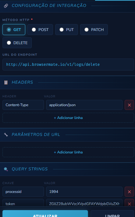 Configuração de Integração de uma etapa Chamar API Rest