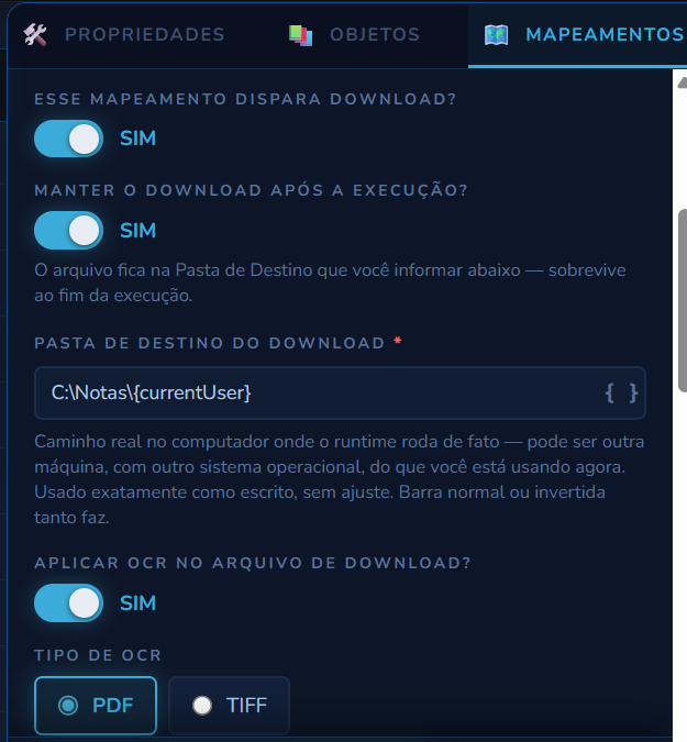 Seção Gestão de Arquivos de um mapeamento Preencher: download ativado, Manter o download após a execução ativado, Pasta de Destino do Download preenchida, e Tipo de OCR mostrando as opções PDF e TIFF