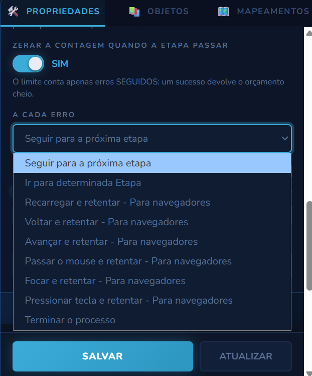 Menu do contorno A cada erro, com as nove opções