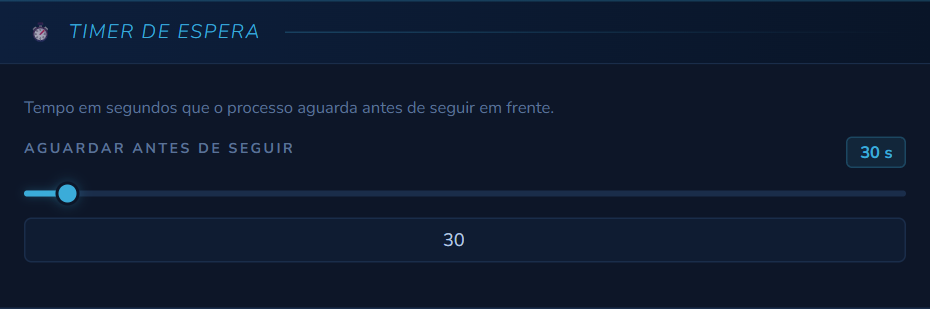 Seção Timer de Espera da etapa de Regra Customizada, com o slider de segundos